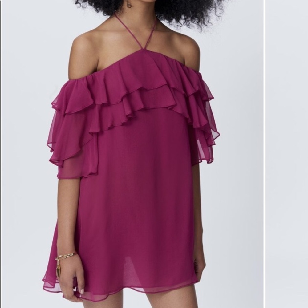 Rebecca Minkoff Fuchsia Halter Off-Shoulder Ruffle Mini Dress